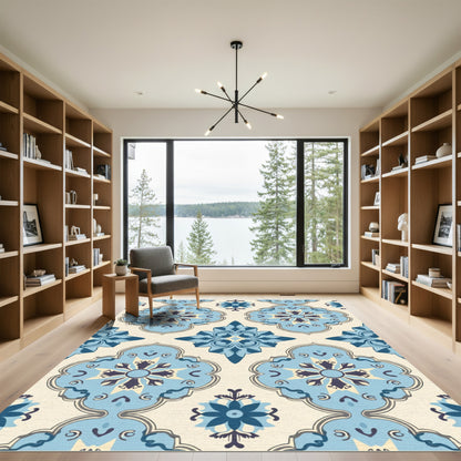 Light Blue Medallion Quatrefoil Tile Rug