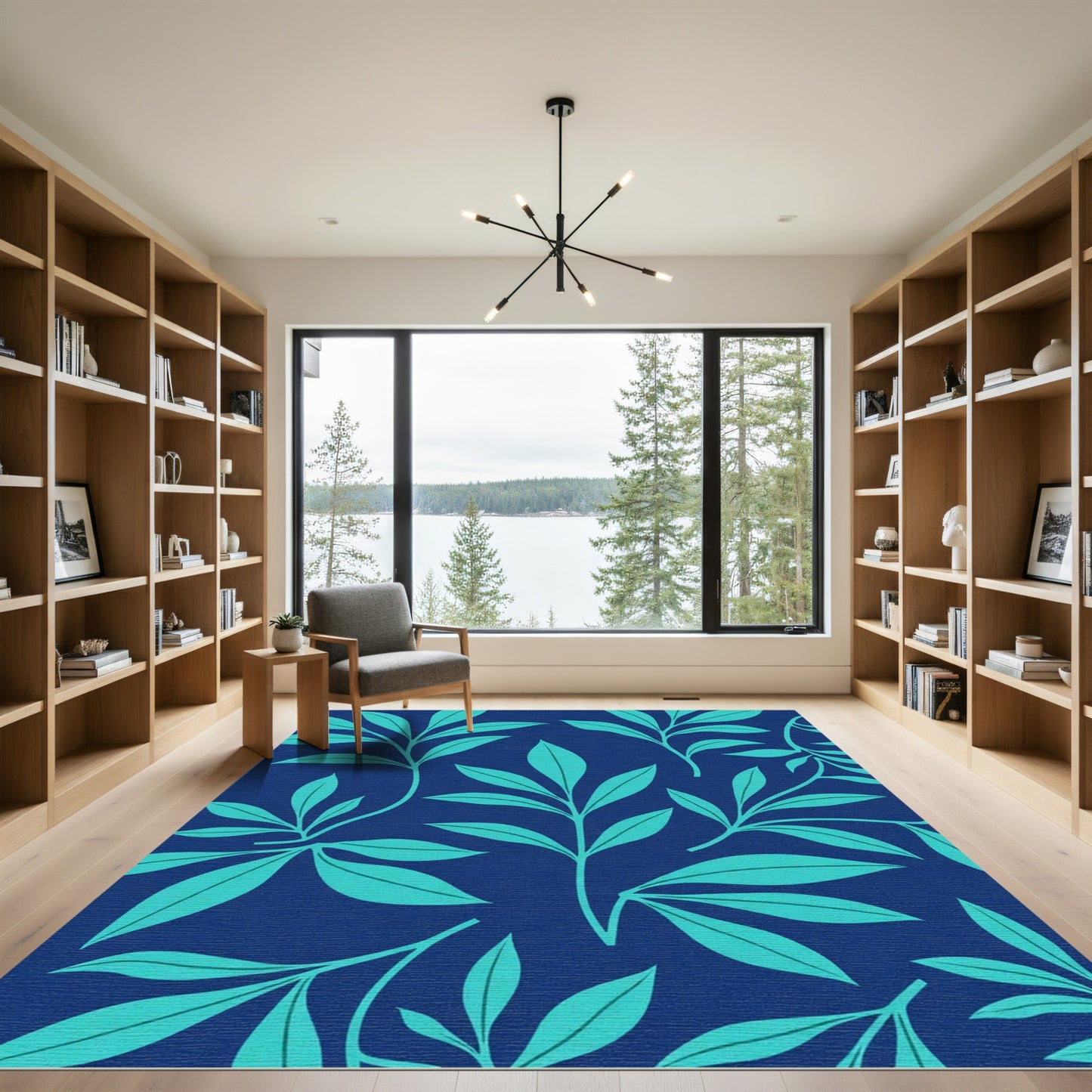 Deep Blue Teal Fern Foliage Rug