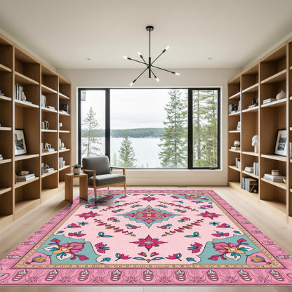 Pink Teal Floral Medallion Rug