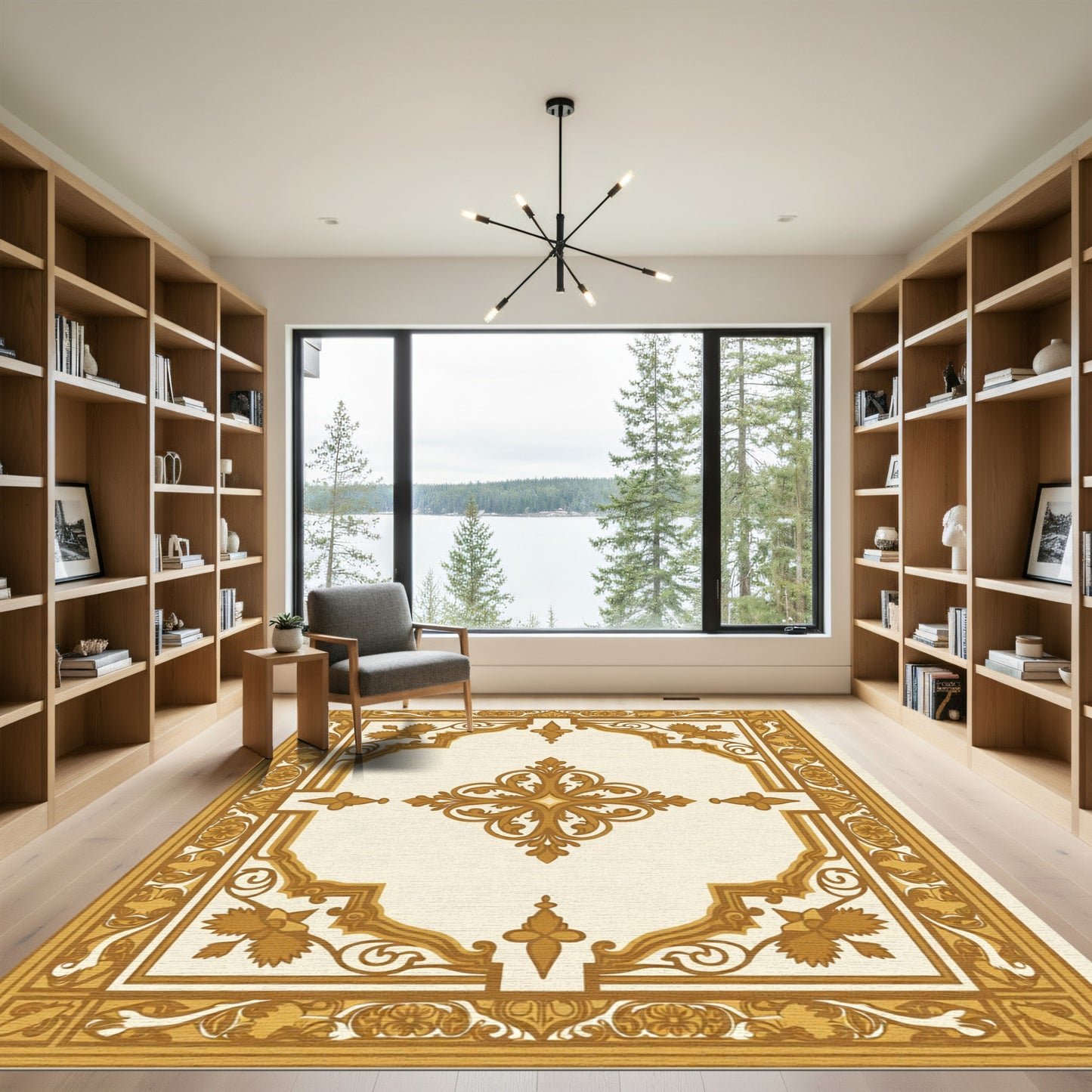 Ornate Gold Floral Medallion Border Rug