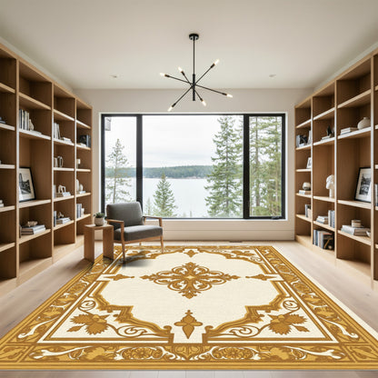 Ornate Gold Floral Medallion Border Rug