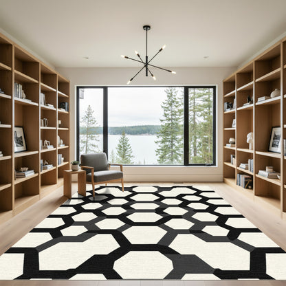 Modern Black White Hexagon Grid Rug