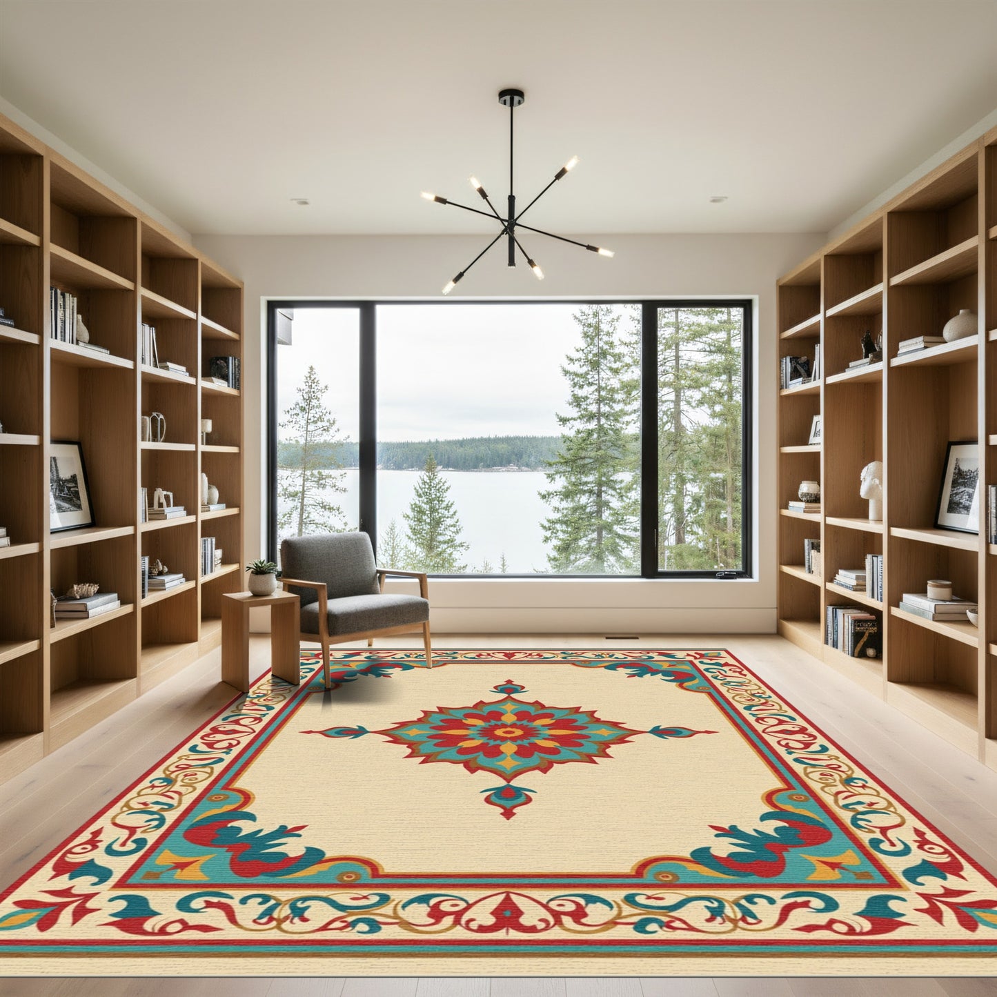 Vibrant Red Teal Floral Medallion Border Rug