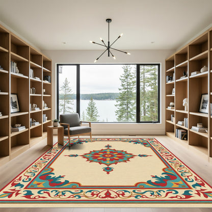 Vibrant Red Teal Floral Medallion Border Rug