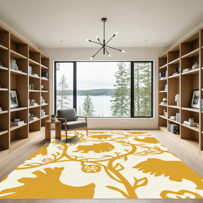 Golden Ochre Bird Blossom Vine Rug