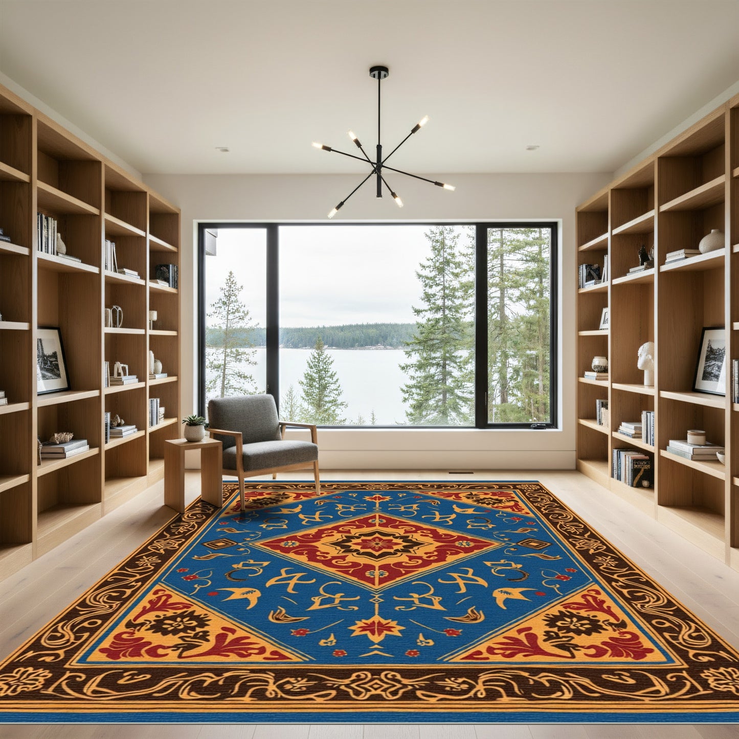 Blue Crimson Golden Floral Medallion Rug