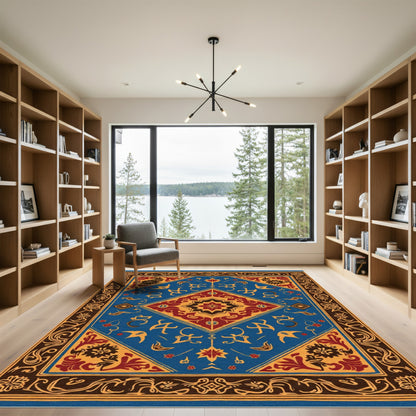 Blue Crimson Golden Floral Medallion Rug