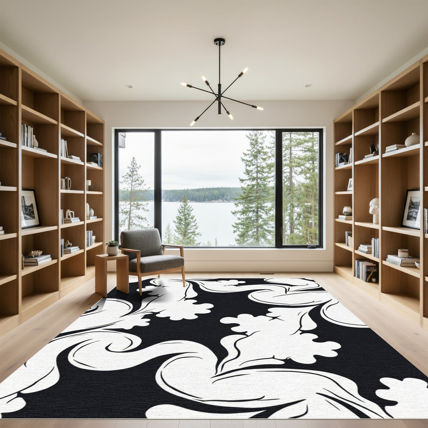 Classic Black White Scrollwork Rug