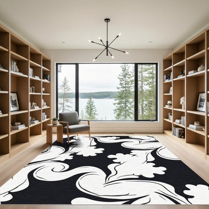 Classic Black White Scrollwork Rug