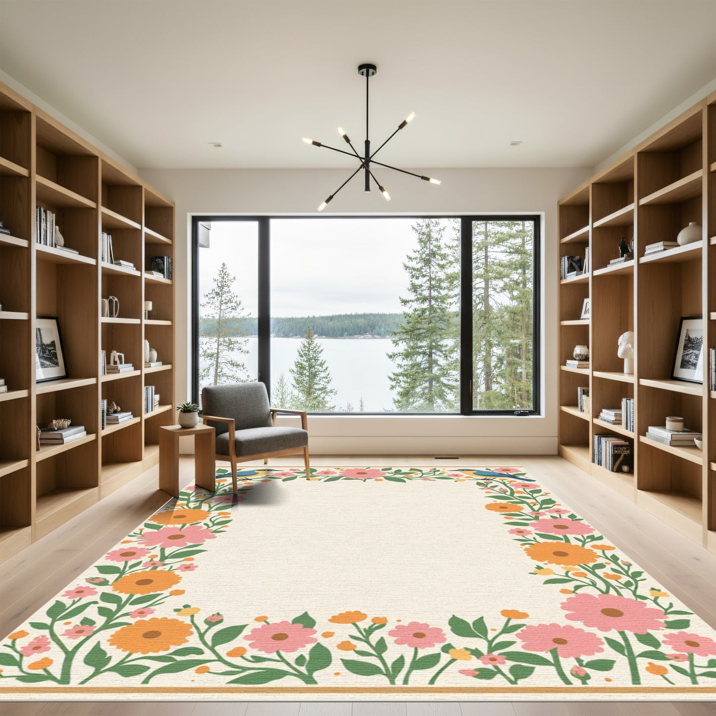 Whimsical Floral Bird Border Rug