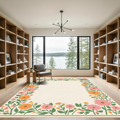 Whimsical Floral Bird Border Rug