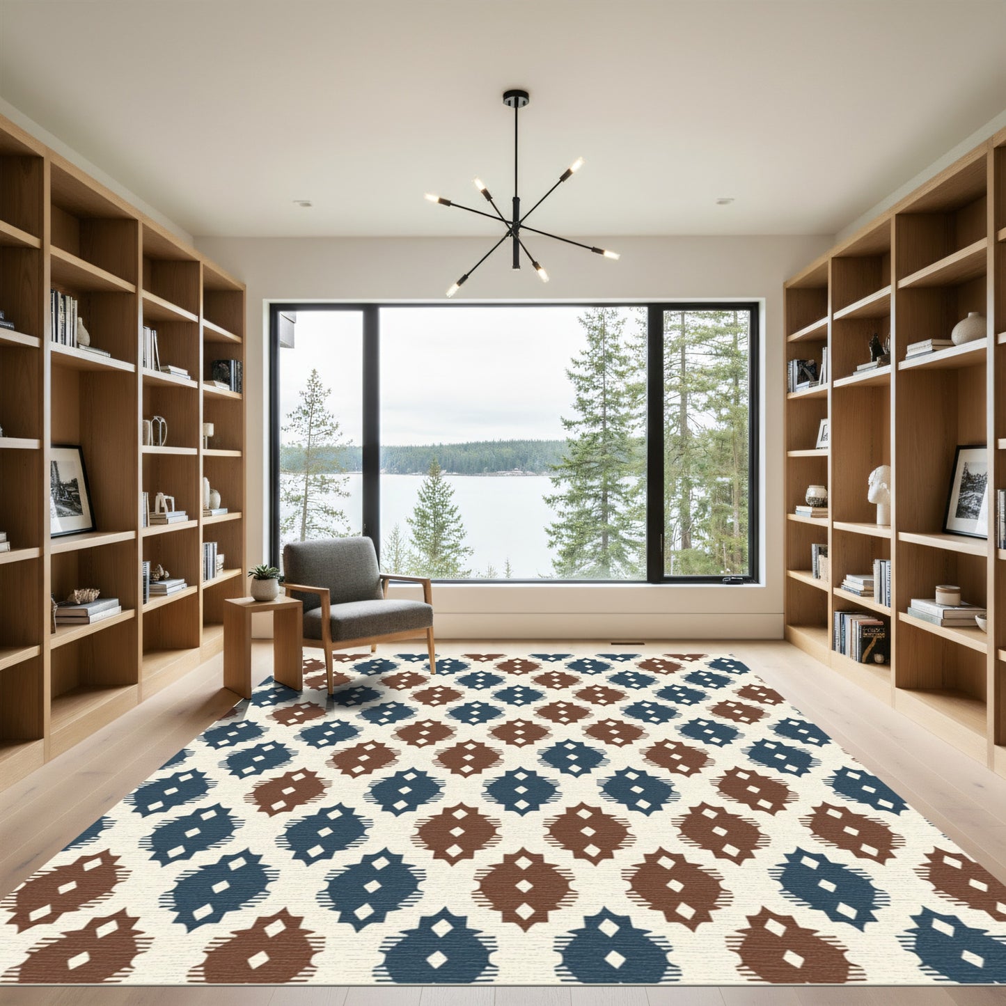 Blue Brown Ikat Diamond Repeat Rug