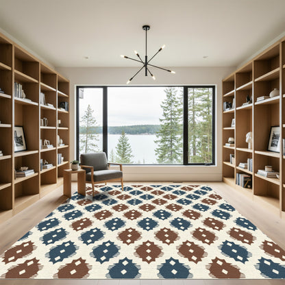 Blue Brown Ikat Diamond Repeat Rug