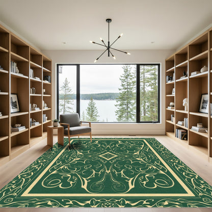 Dark Emerald Cream Arabesque Scroll Rug