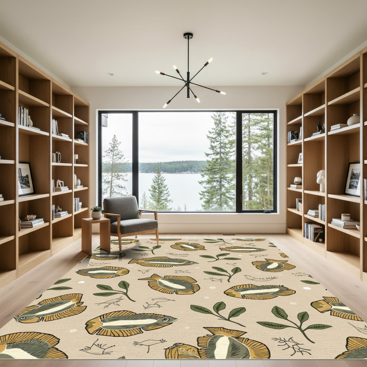 Golden Fish Leaves and Birds Rug