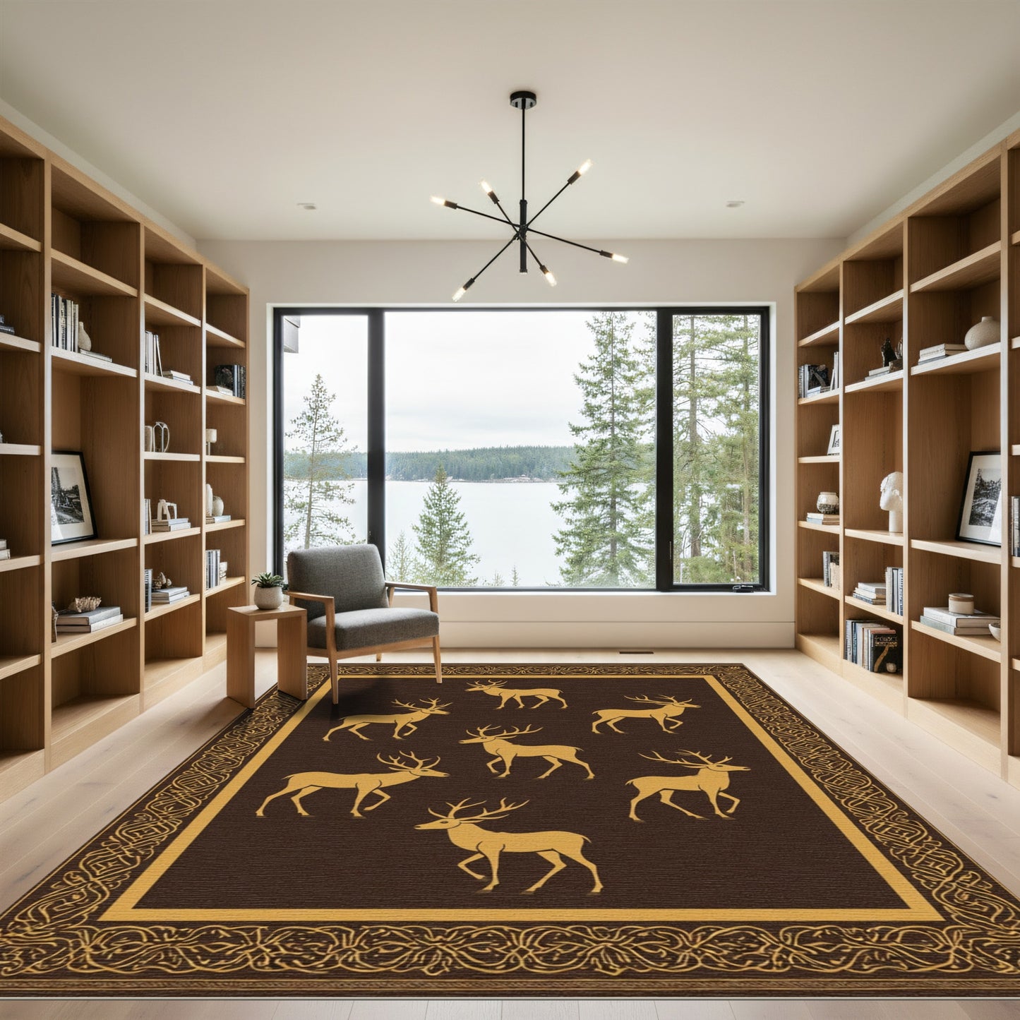 Golden Deer On Brown With Ornate Border Rug