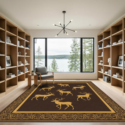 Golden Deer On Brown With Ornate Border Rug