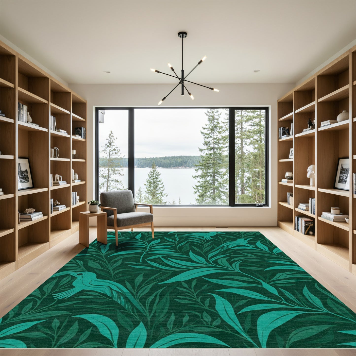 Teal Birds Lush Emerald Foliage Rug