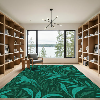 Teal Birds Lush Emerald Foliage Rug
