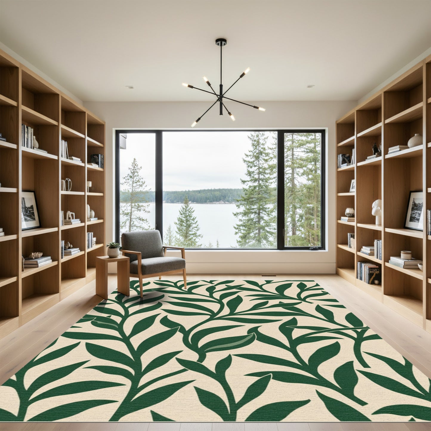 Deep Green Leafy Branch Pattern Rug