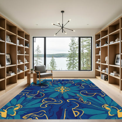 Deep Blue Golden Swirl Floral Rug