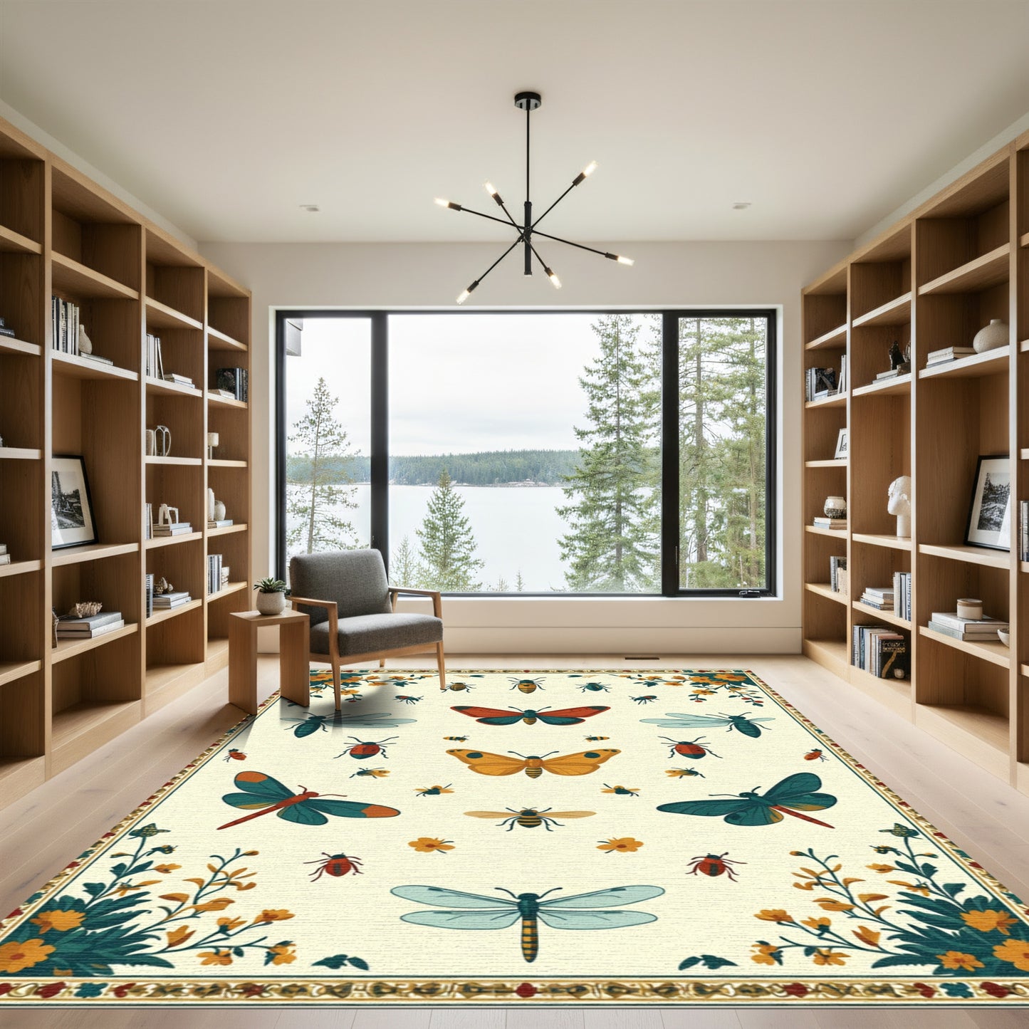Crimson Teal Insects Floral Border Rug