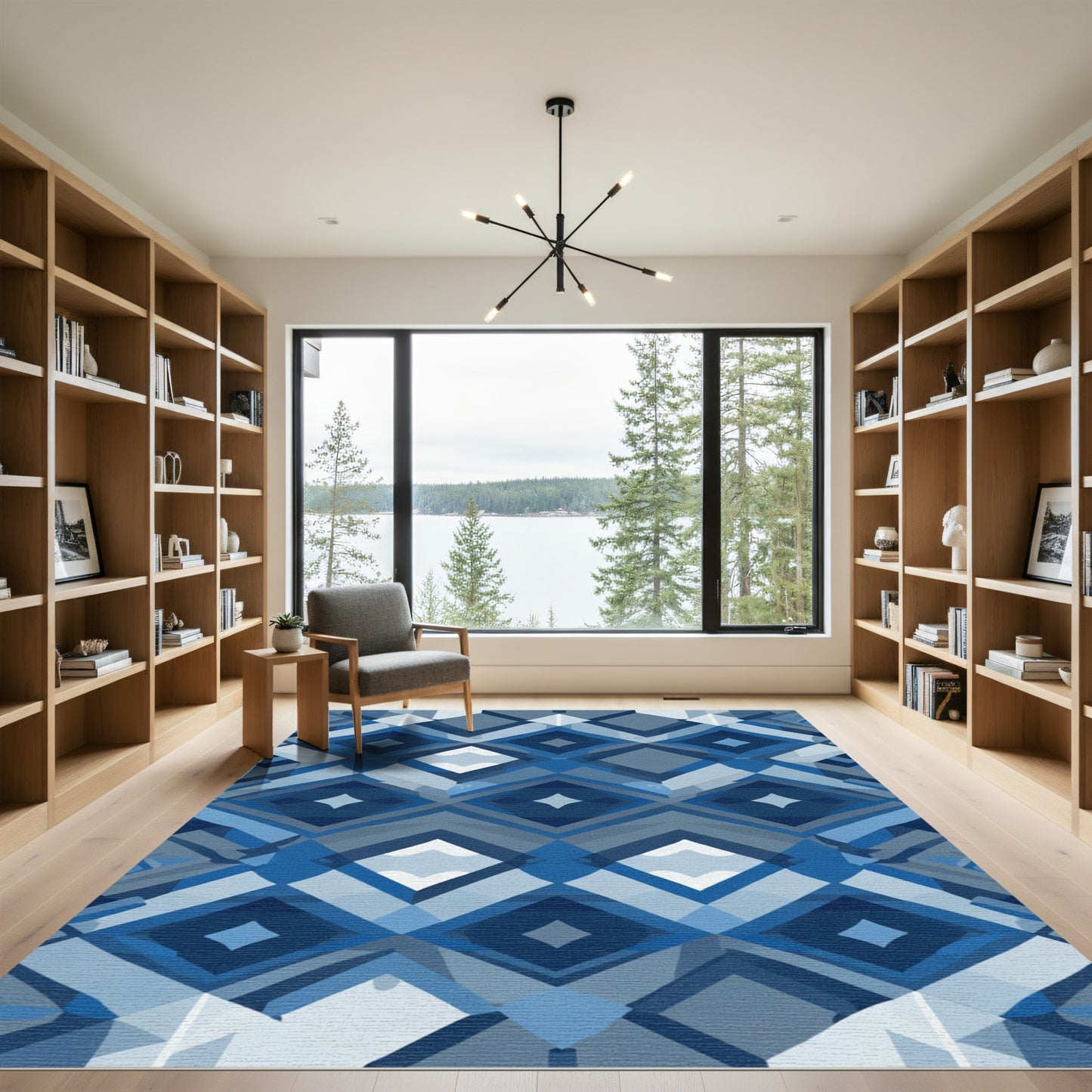 Deep Blue Geometric Diamond Overlay Rug