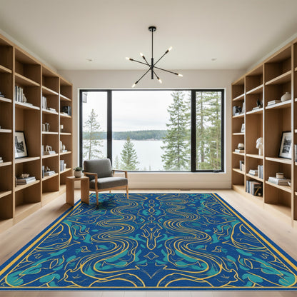 Deep Blue Golden Swirl Abstract Art Rug
