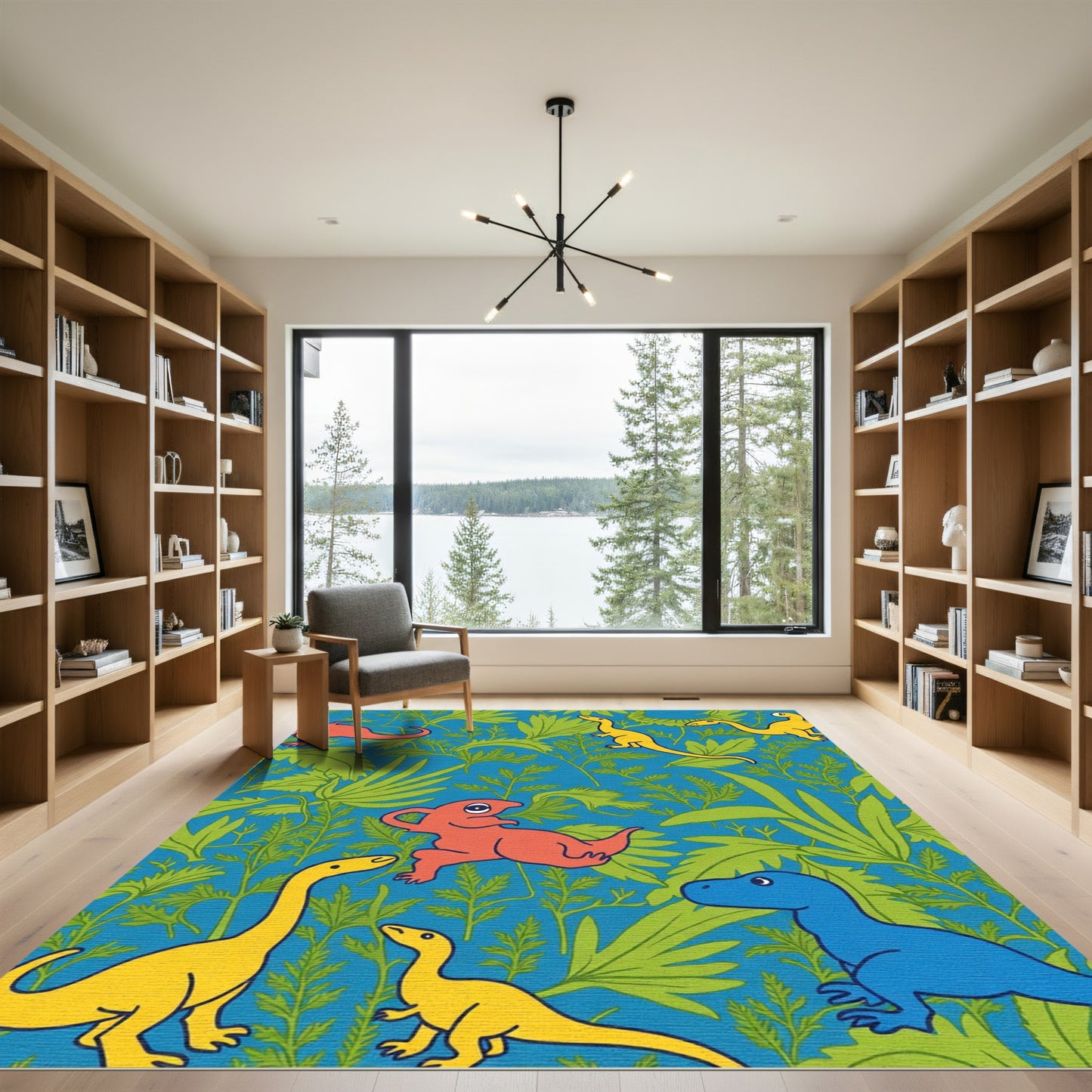 Colorful Dinosaur Jungle Foliage Rug