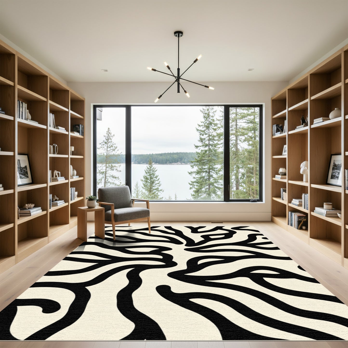 Cream Black Abstract Organic Swirl Rug