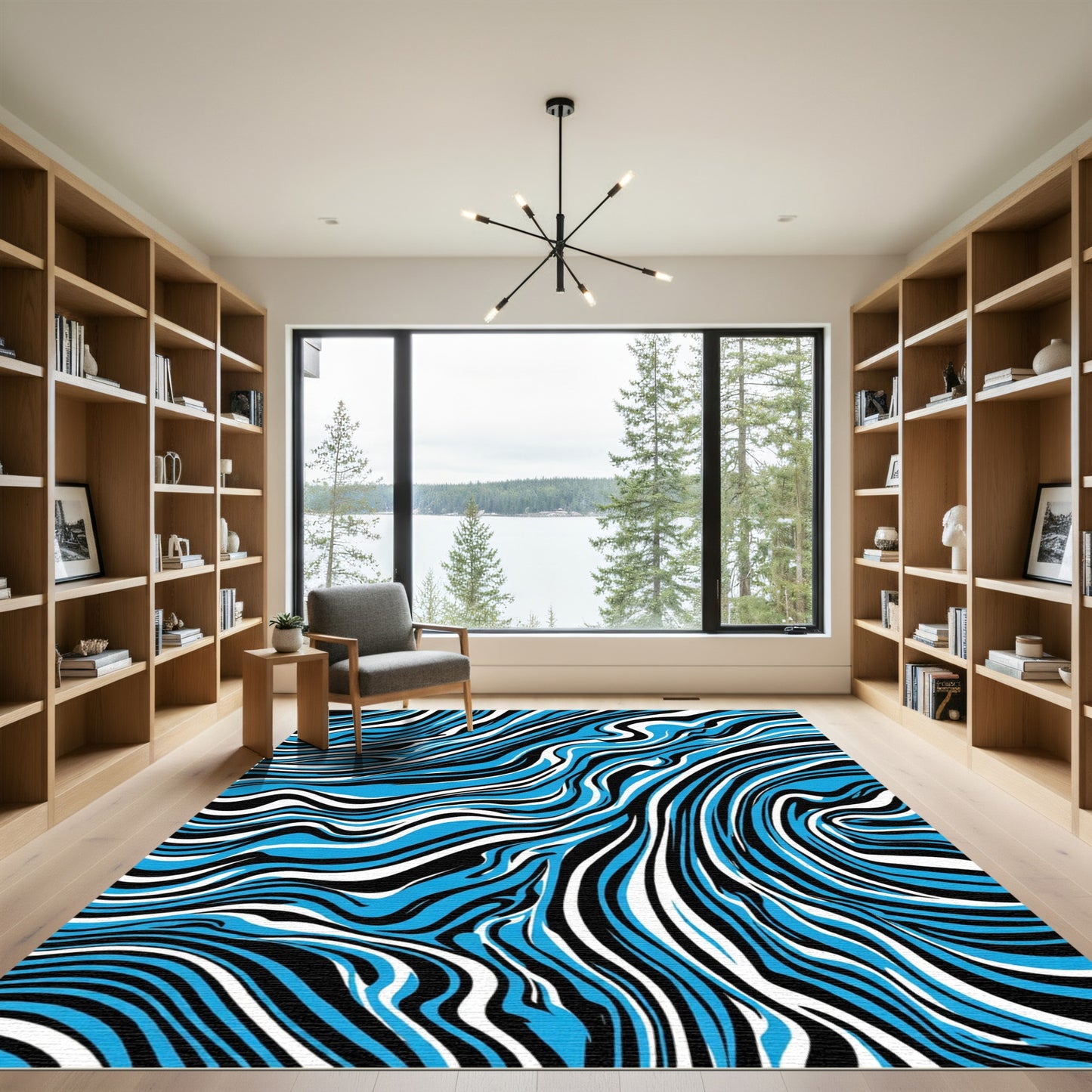 Electric Blue Black White Swirl Rug