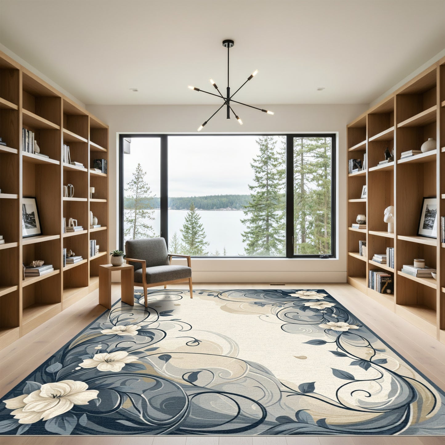 Elegant Cream Floral Vine Scrolling Rug