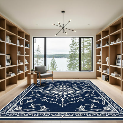 Deep Navy White Floral Medallion Rug