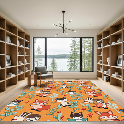Cute Orange Woodland Animals Garden Rug
