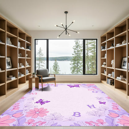 Whimsical Lavender Floral Butterfly Bloom Rug