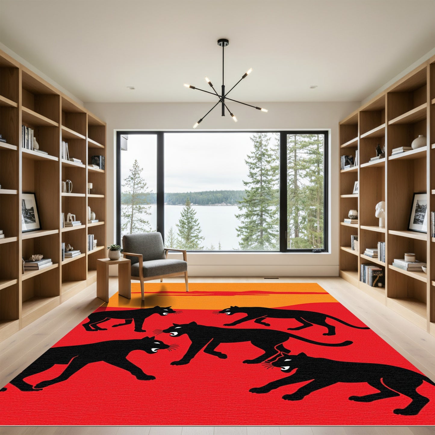 Bold Black Panther Hunting Scene Rug