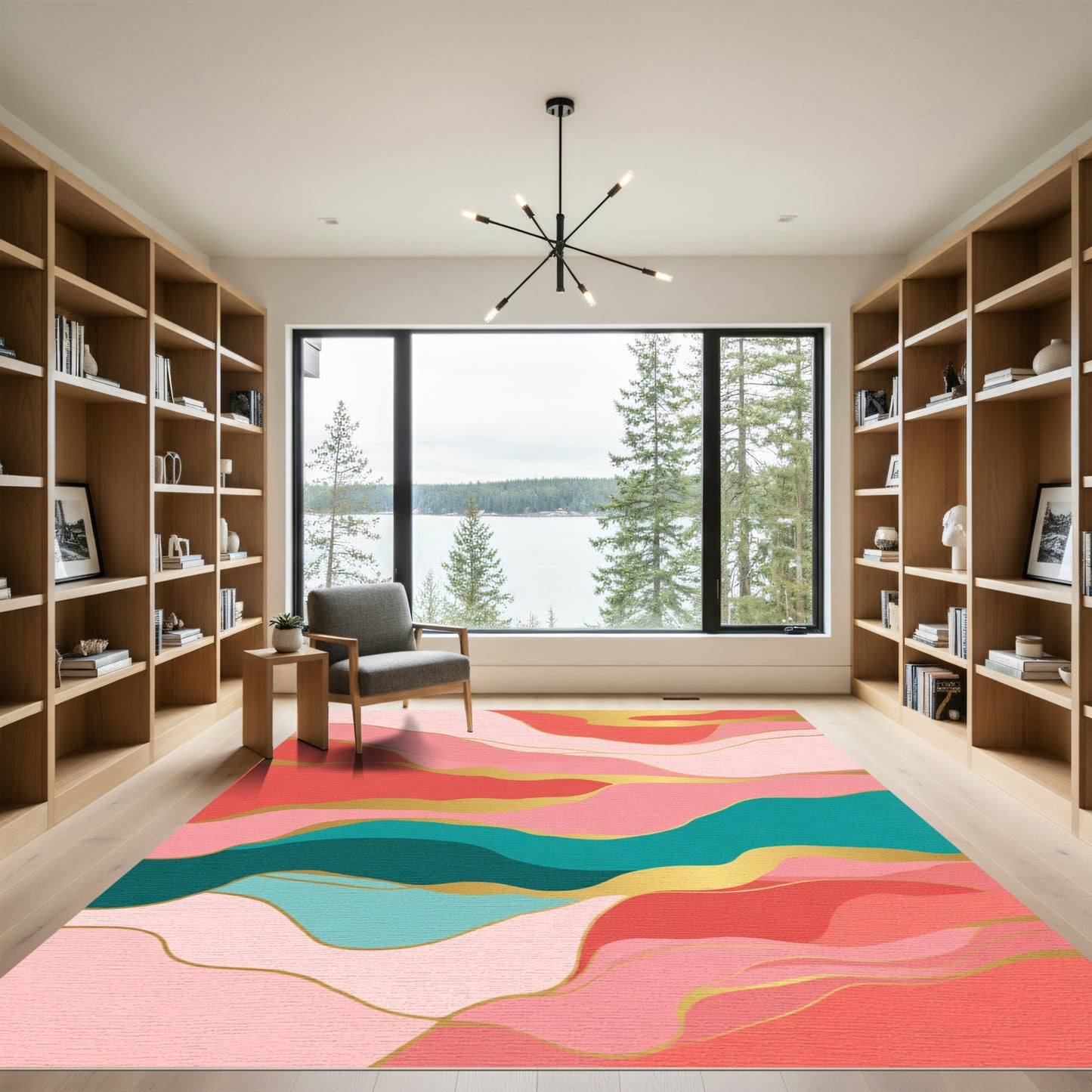 Coral Pink Teal Gold Wave Abstract Rug