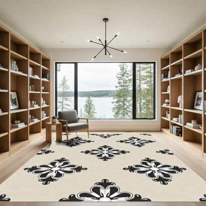 Tan Black White Quatrefoil Accent Rug