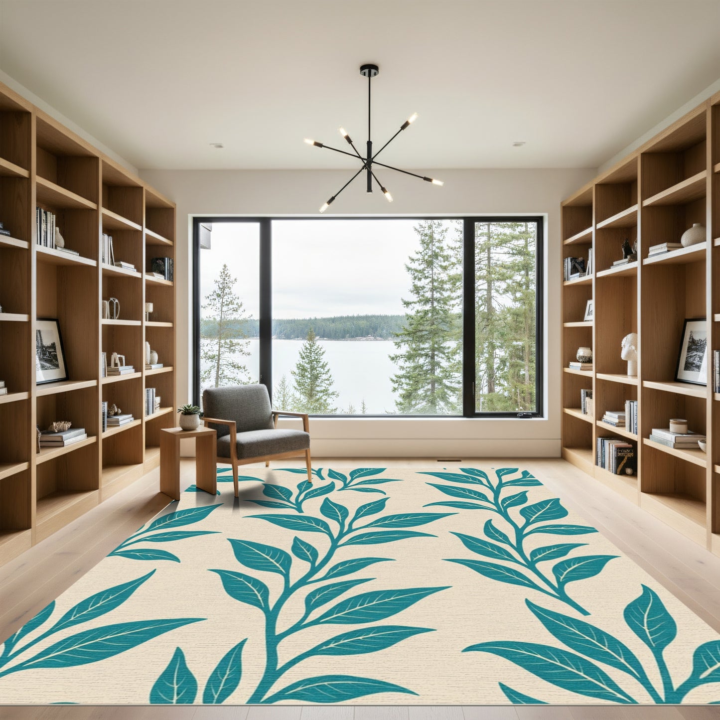 Teal Leaf Branches Beige Background Rug