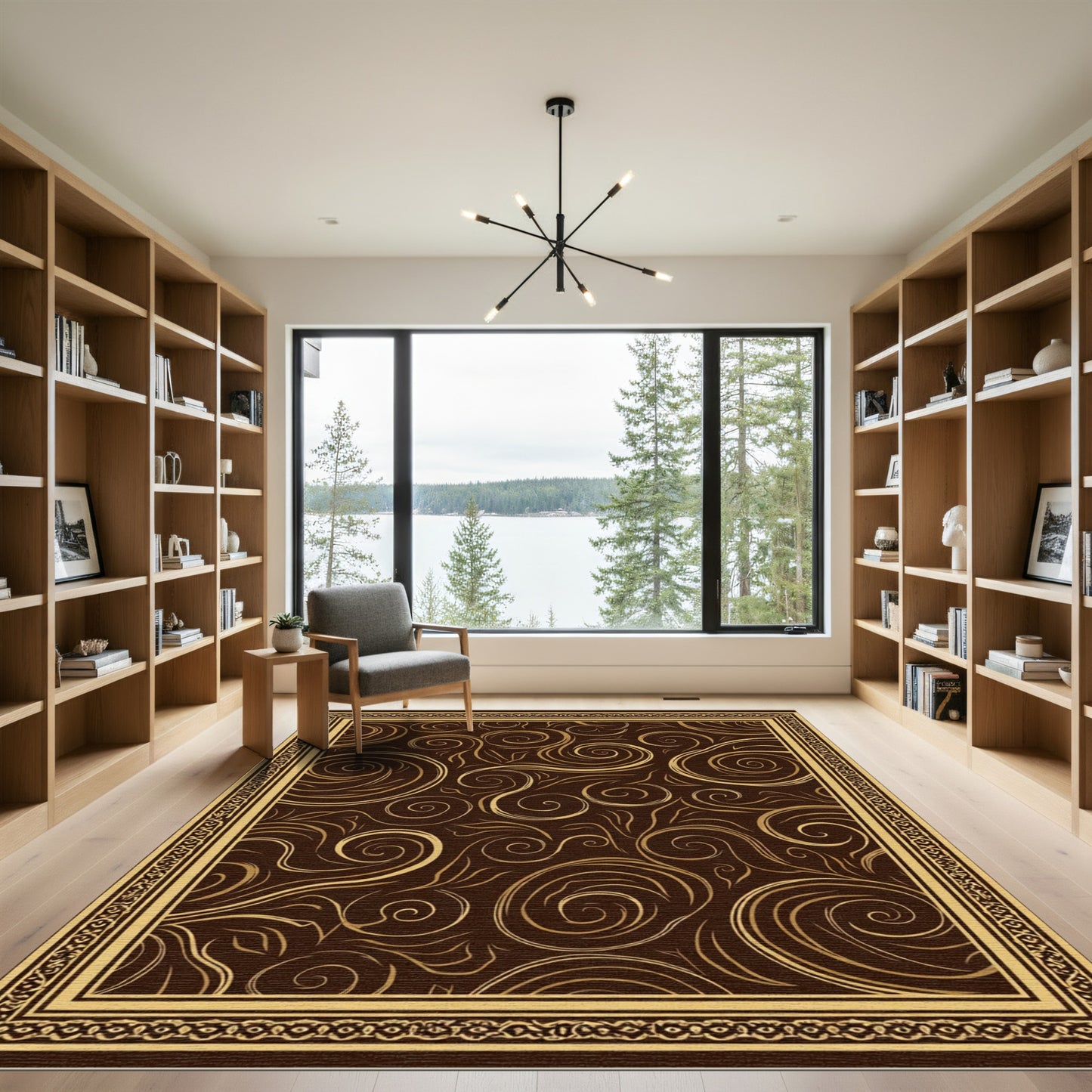 Rich Brown Gold Swirl Border Design Rug