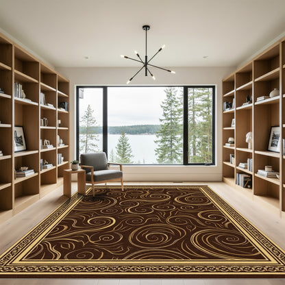Rich Brown Gold Swirl Border Design Rug