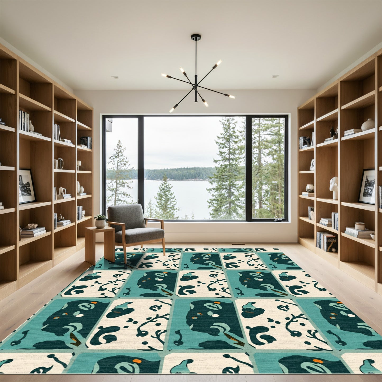 Teal And Cream Abstract Botanical Rug
