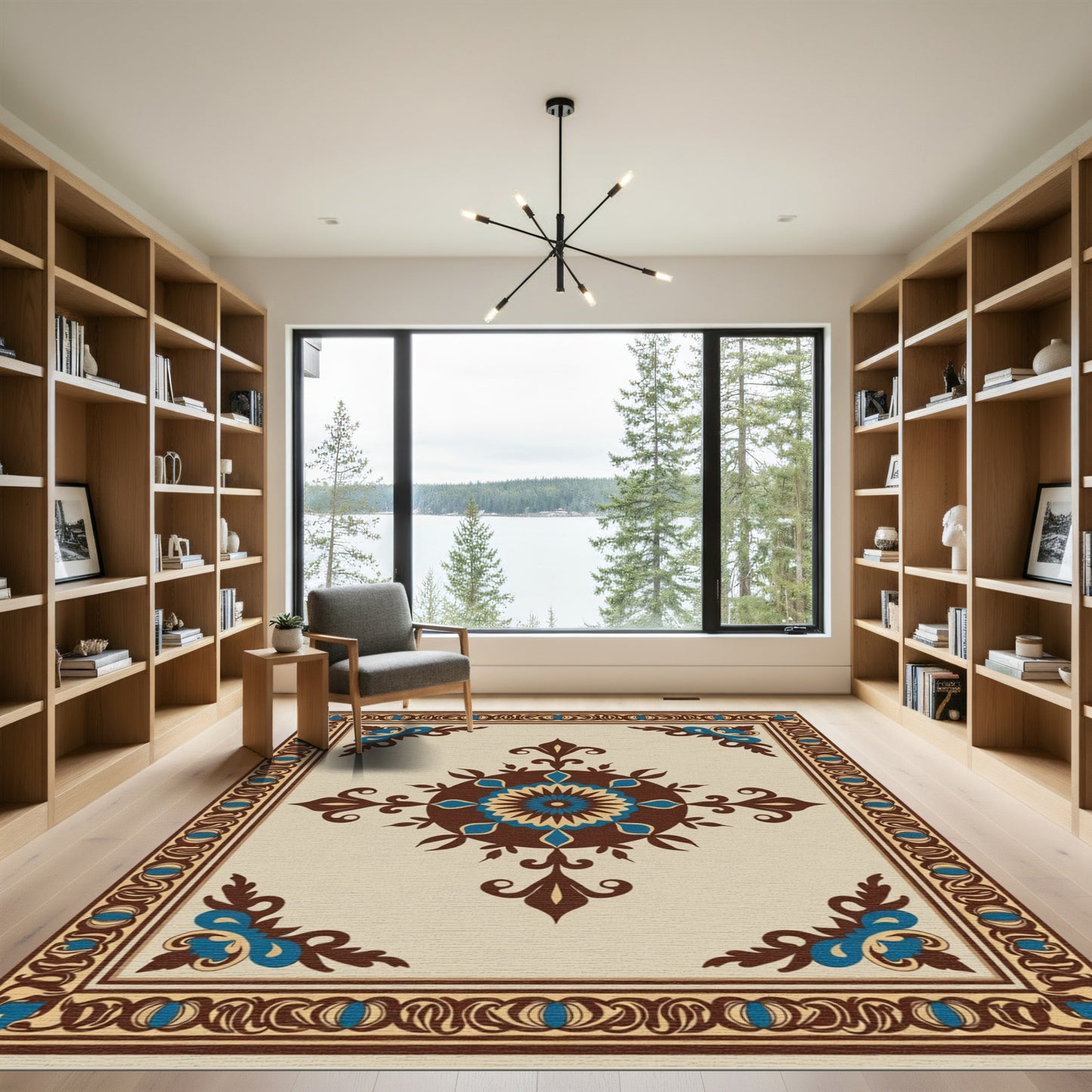 Brown Blue Floral Medallion Border Rug