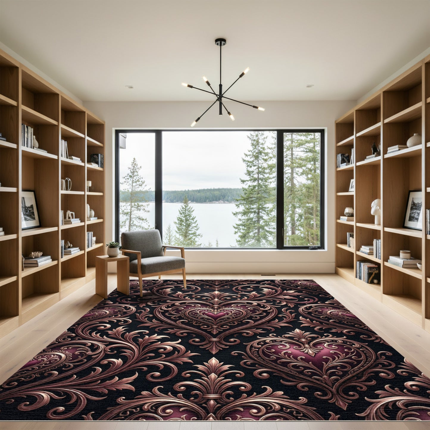 Ornate Crimson Heart Swirls Rug