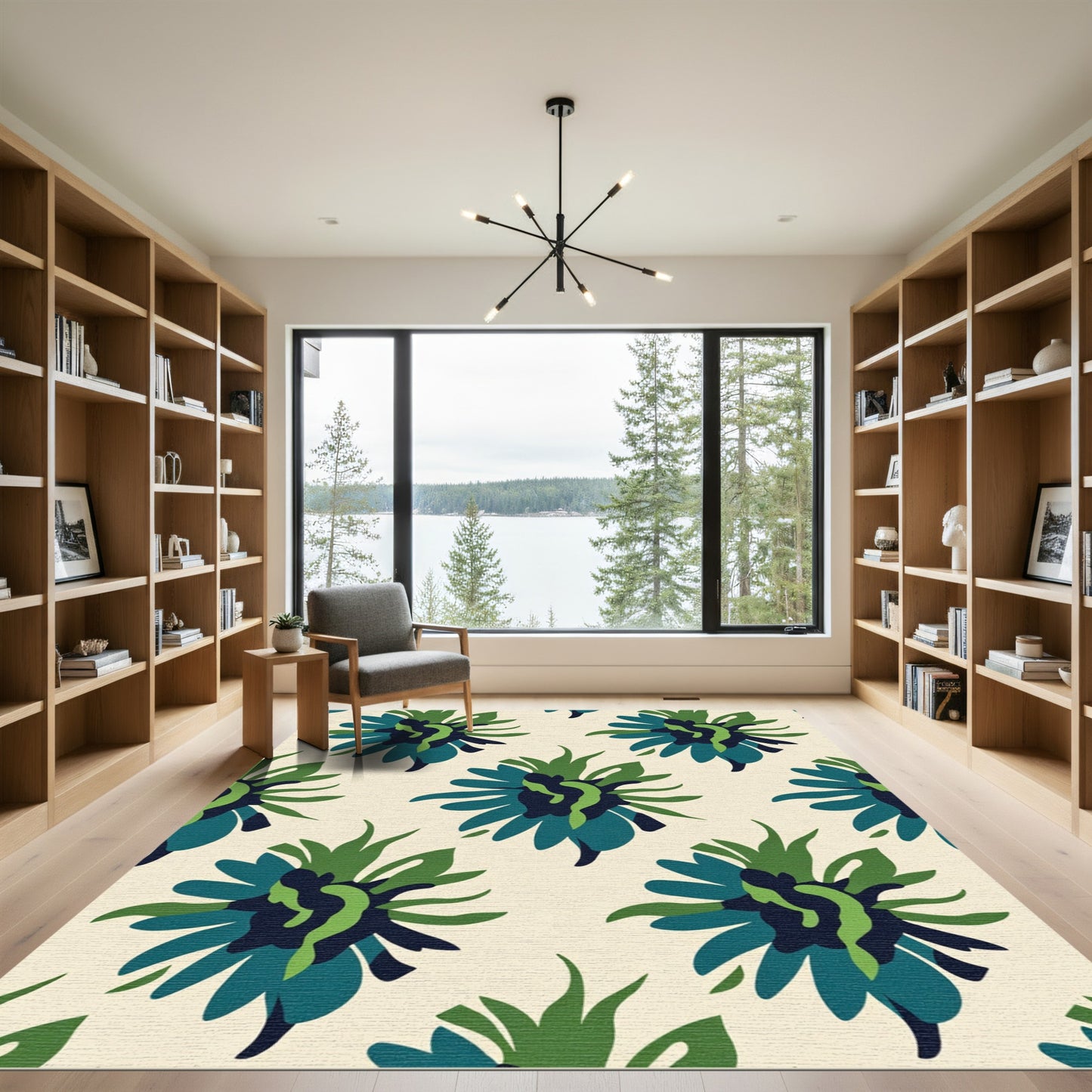 Abstract Floral Blue Green Blossom Rug