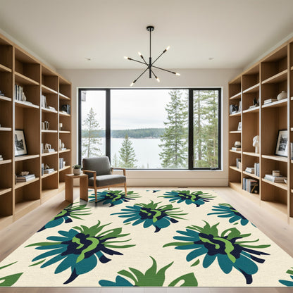 Abstract Floral Blue Green Blossom Rug