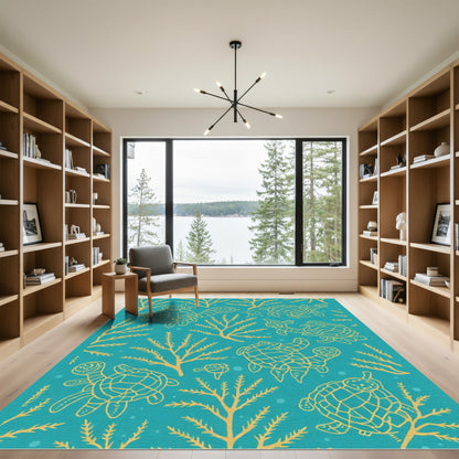 Teal And Yellow Sea Turtle Swirl Rug