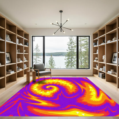 Vibrant Purple Yellow Orange Spiral Stars Rug