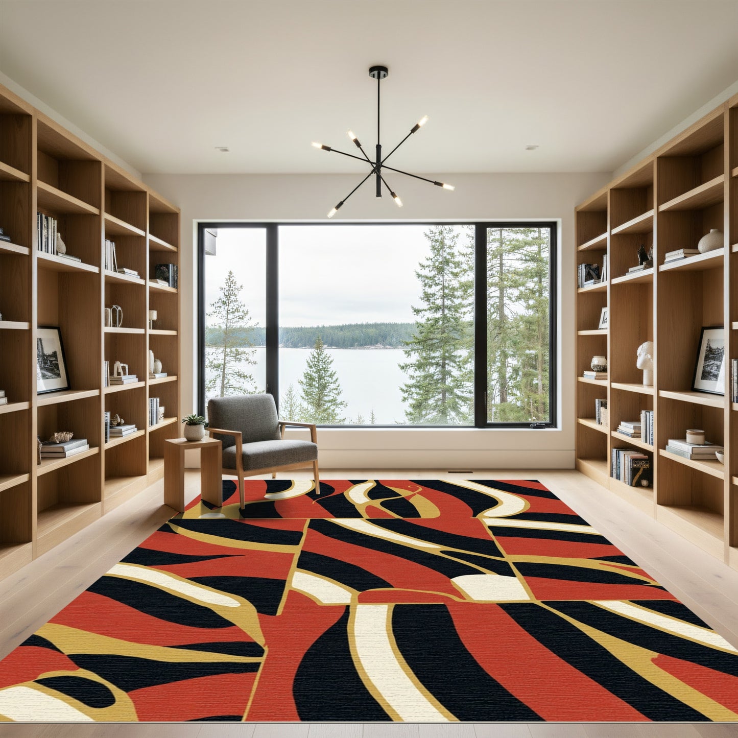 Crimson Gold Abstract Swirl Blocks Rug