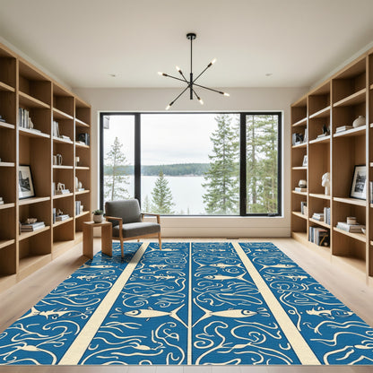 Marine Blue Ivory Fish Swirls Rug